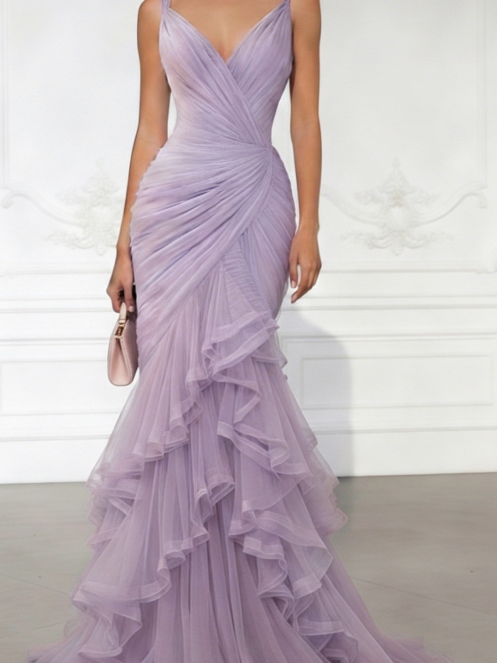 Elegant Lavender Ruffled Evening Gown